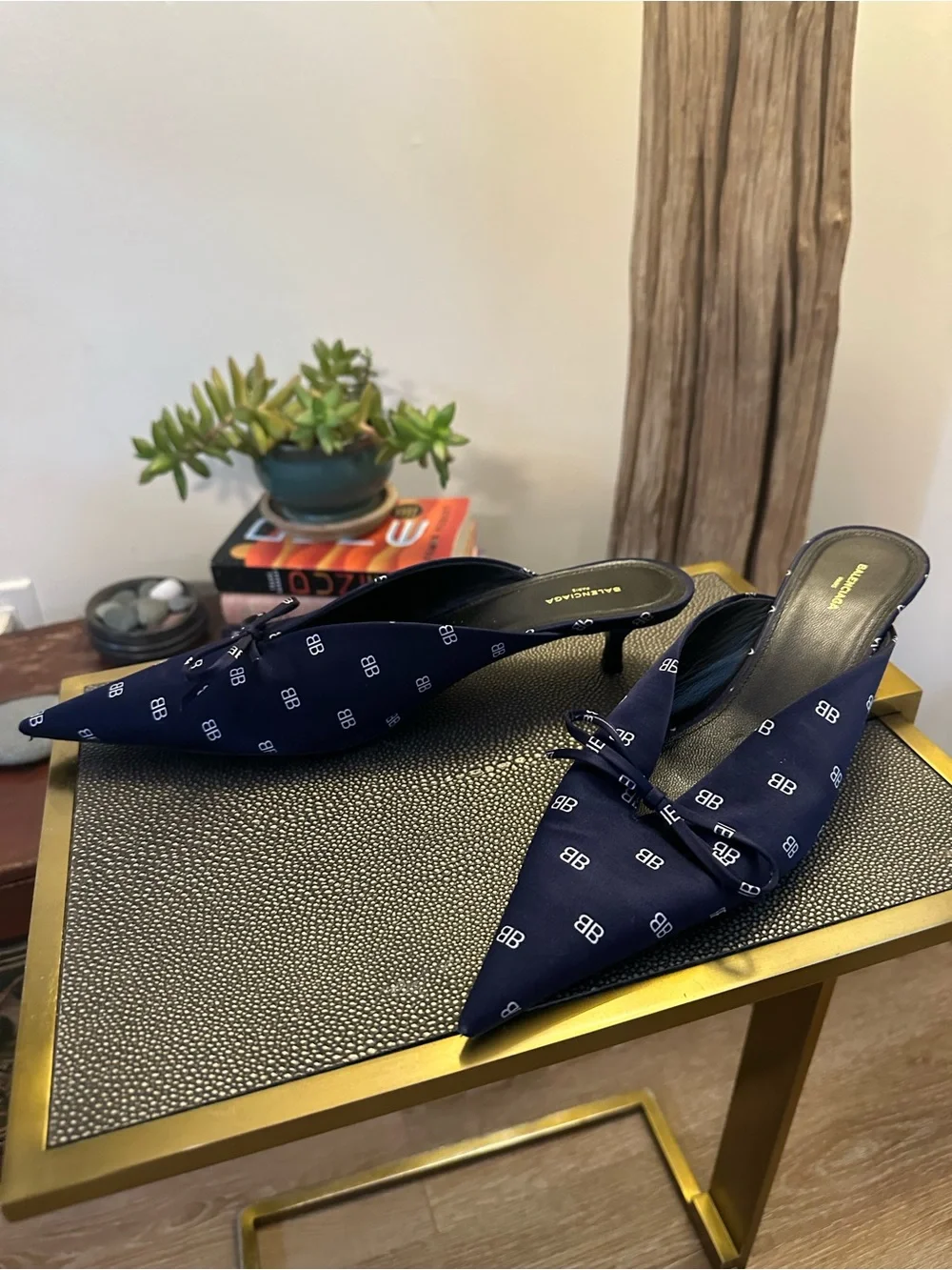 Balenciaga Navy BB Logo Pointed Toe Slip-On Mules